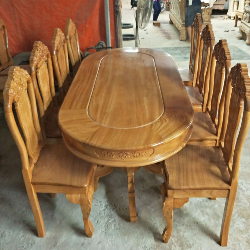 Bộ bàn ăn gỗ gõ 8 gế kiểu oval