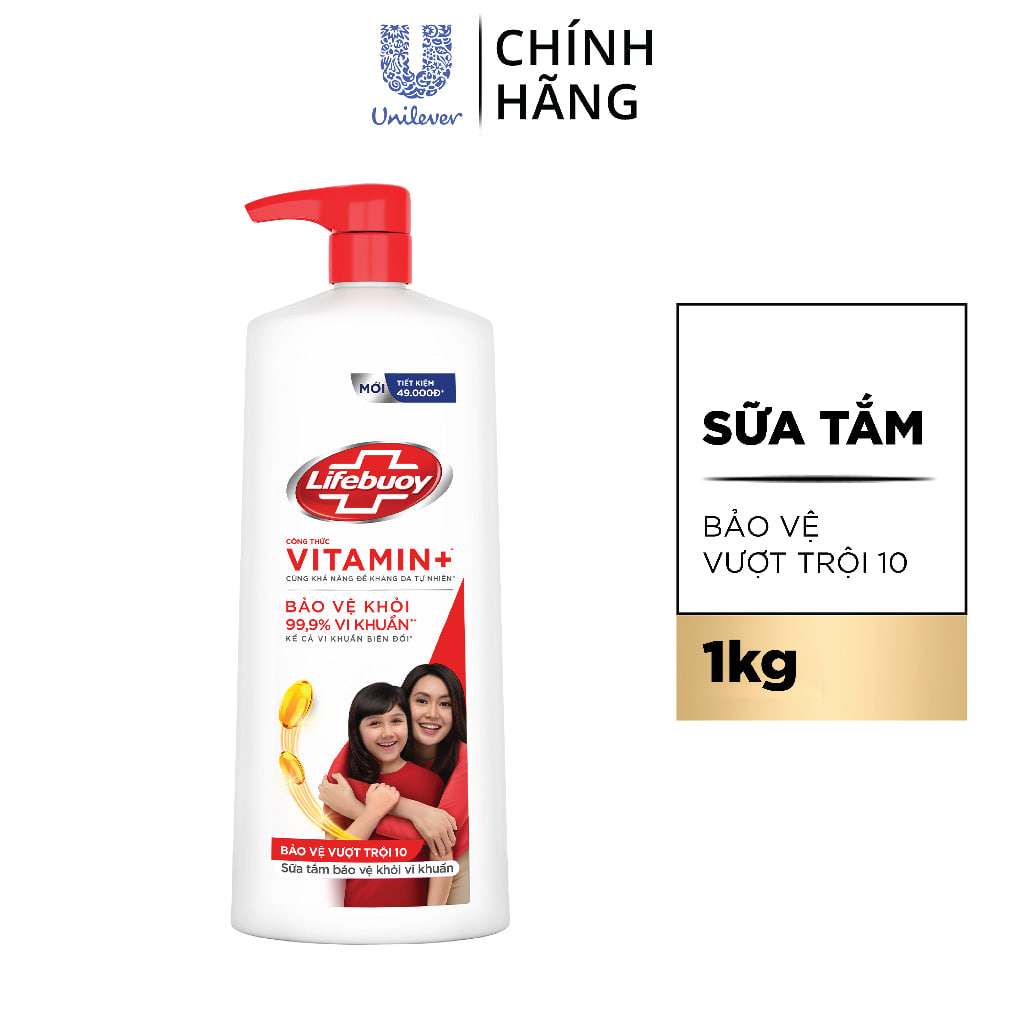 Sữa Tắm Lifebuoy Sạch Khuẩn Bảo Vệ Vượt Trội Mạnh Mẽ Chứa Ion Bạc+ Hỗ Trợ Cùng Đề Kháng Da Tự Nhiên Chai 1000G