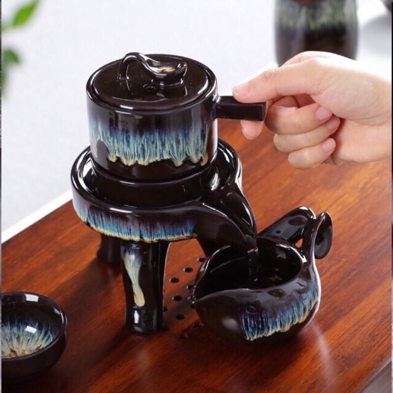 Bộ ấm chén pha trà đẹp Cối xay gốm sứ cao cấp, tử sa hoả biến 8 chi tết màu nâu đen
