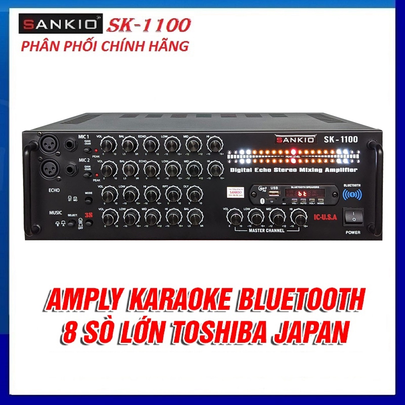 Amply Bluetooth SANKIO SK-1100 - Amplifier Karaoke gia đình 8 sò Nhật lớn, Nút chỉnh nhôm, Quạt gió làm mát - Đèn nháy cực đỉnh - Hàng chính hãng cao cấp