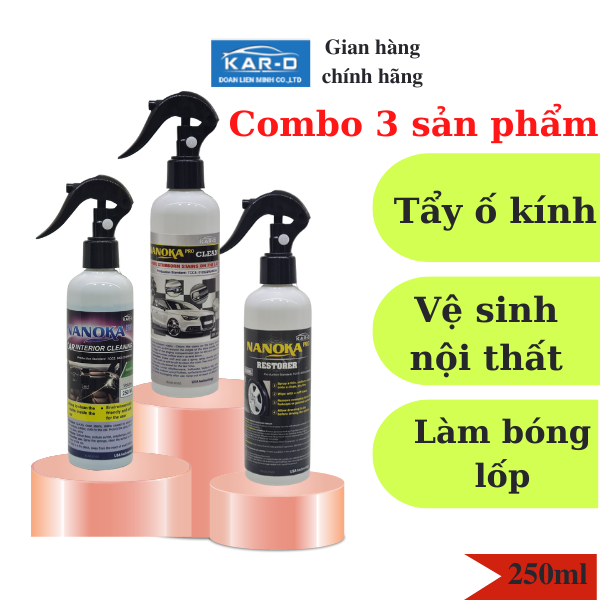 Combo 3 sản phẩm Tẩy ố Kính, Vệ sinh nội thất ô tô, Làm bóng lốp ô tô 250ml [Hàng chính hãng]