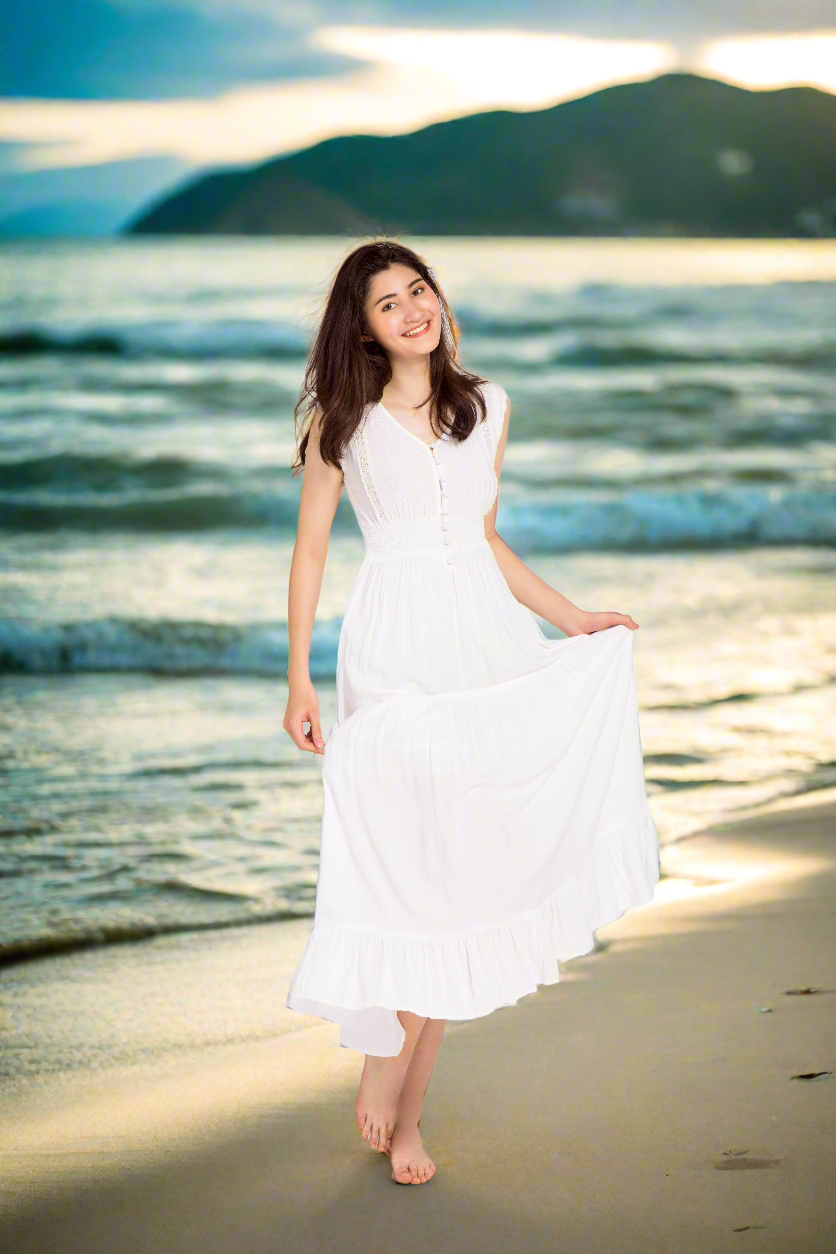 Đầm Maxi Trắng Cotton Dài Đi Biển Du Lịch Resorts Tiên DRE066 Thời trang Hity