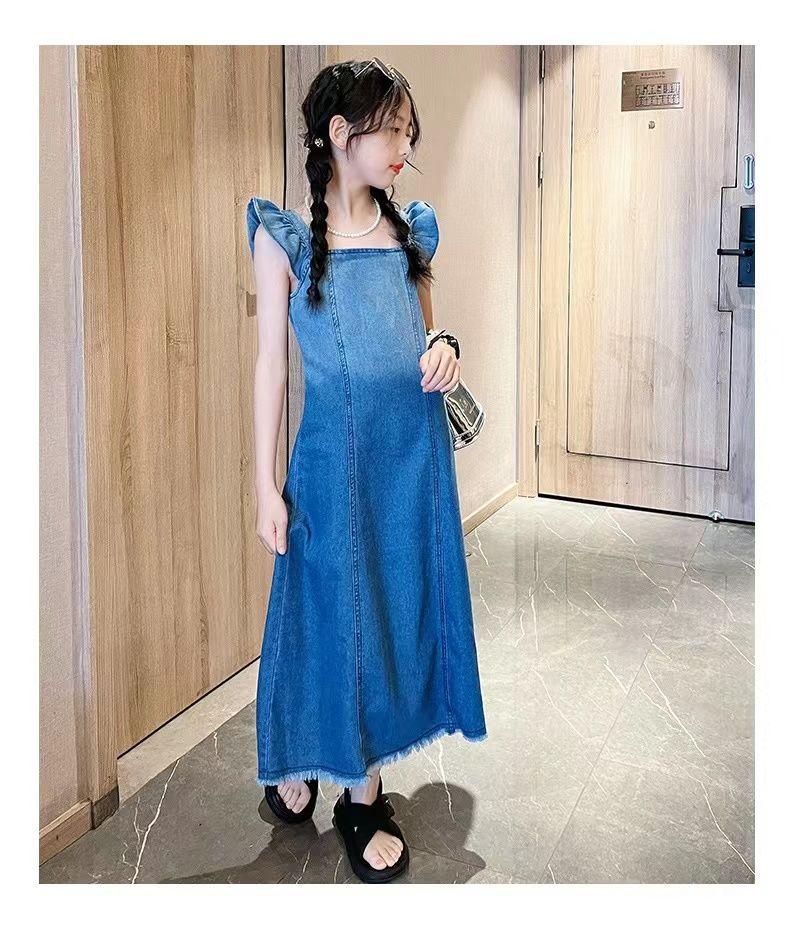 CHENGRUI Girl Sling Dress Váy mùa hè phong cách phương Tây Cô gái thời trang Denim Vest Váy lưới váy trẻ em lớn màu đỏ đầm mùa hè