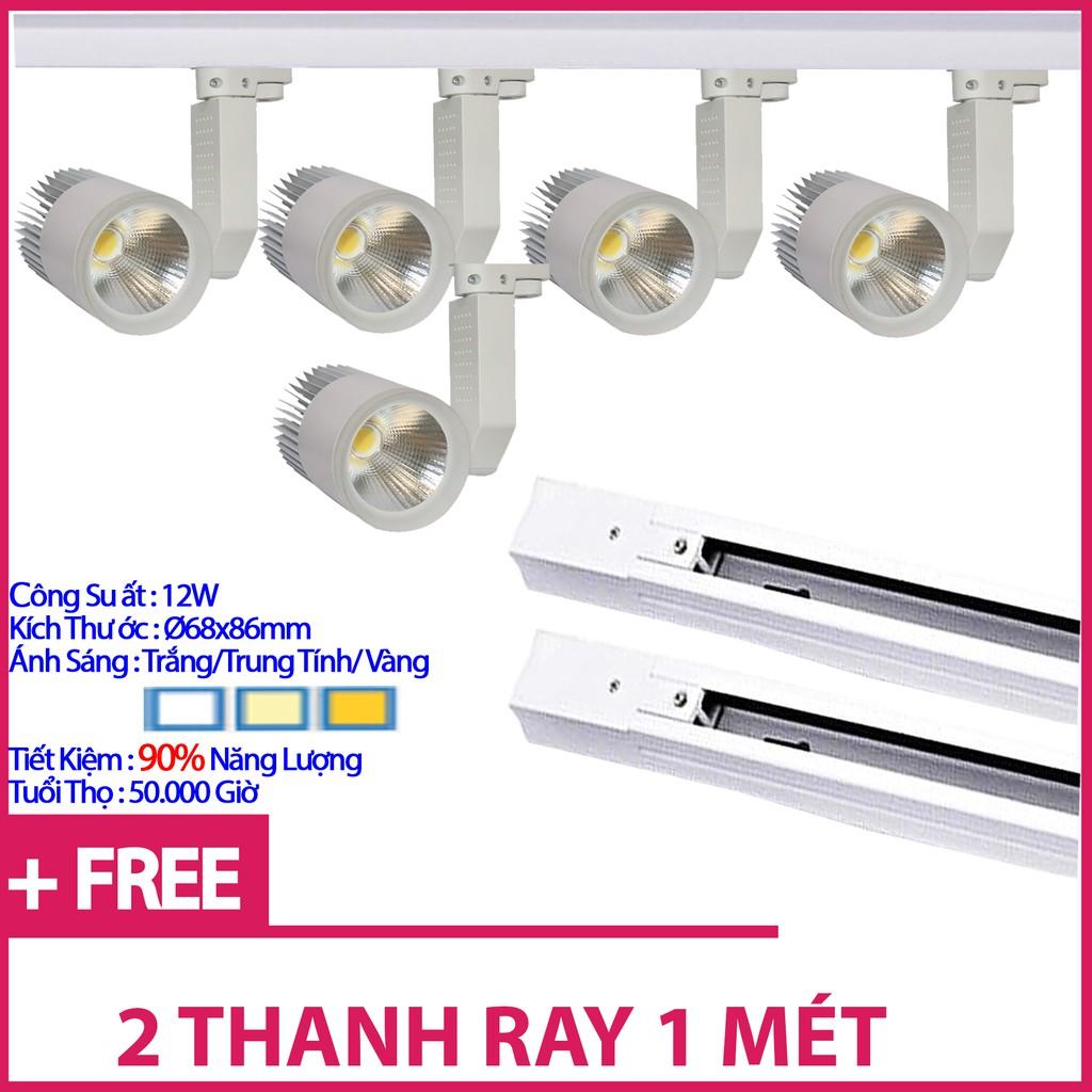 Bộ 5 Đèn Led Rọi Ray COB 12w Vỏ Trắng Và 2 Thanh Ray 1M