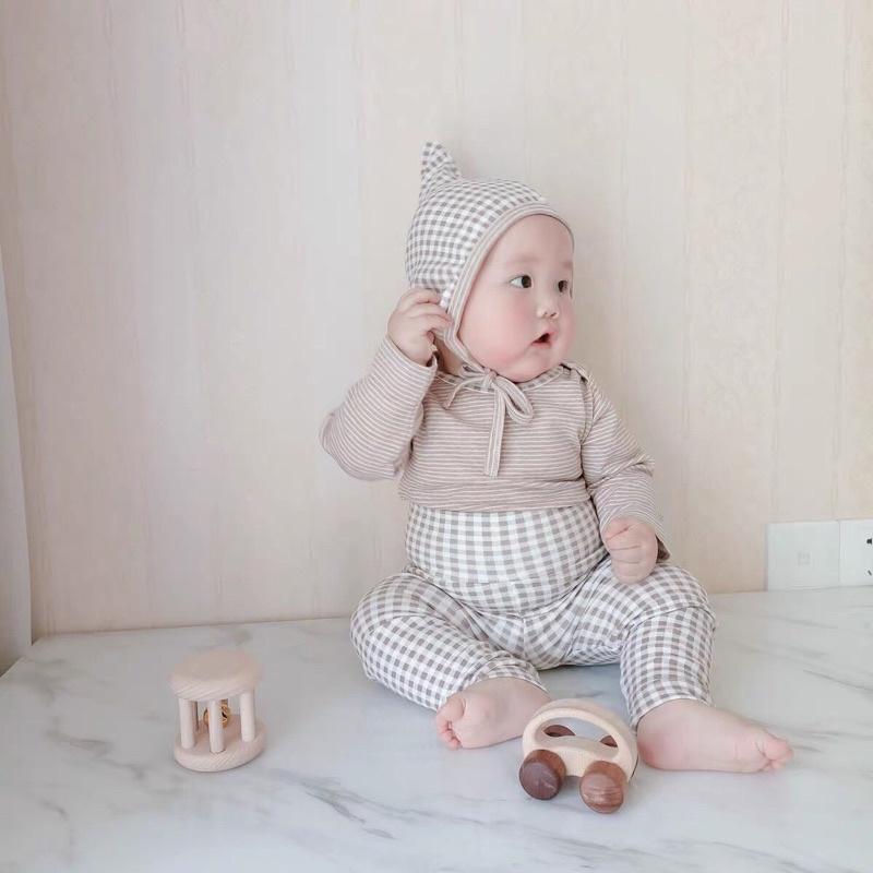 Set đồ thu đông 3 chi tiết áo quần mũ, bodysuit sơ sinh chất liệu cotton bé trai 0-24 tháng