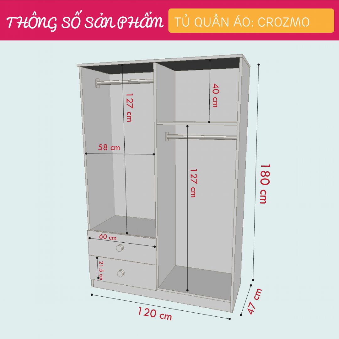 Tủ quần áo gỗ hiện đại SMLIFE Crozmo | Gỗ MDF dày 17mm chống ẩm | D120xR47xC180cm