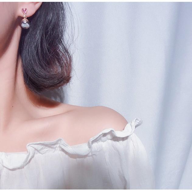 Bông tai Bạc 925 Phong Cách Hàn Quốc - NGỌC THỦY TINH TRÁI TIM HỒNG - ẢNH CHỤP THẬT