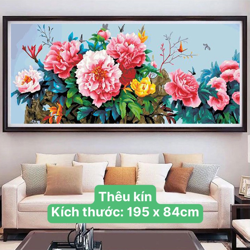 Tranh thêu chữ thập, tranh thêu kín Hoa mẫu đơn DX1151, kích thước 149 x 65 cm