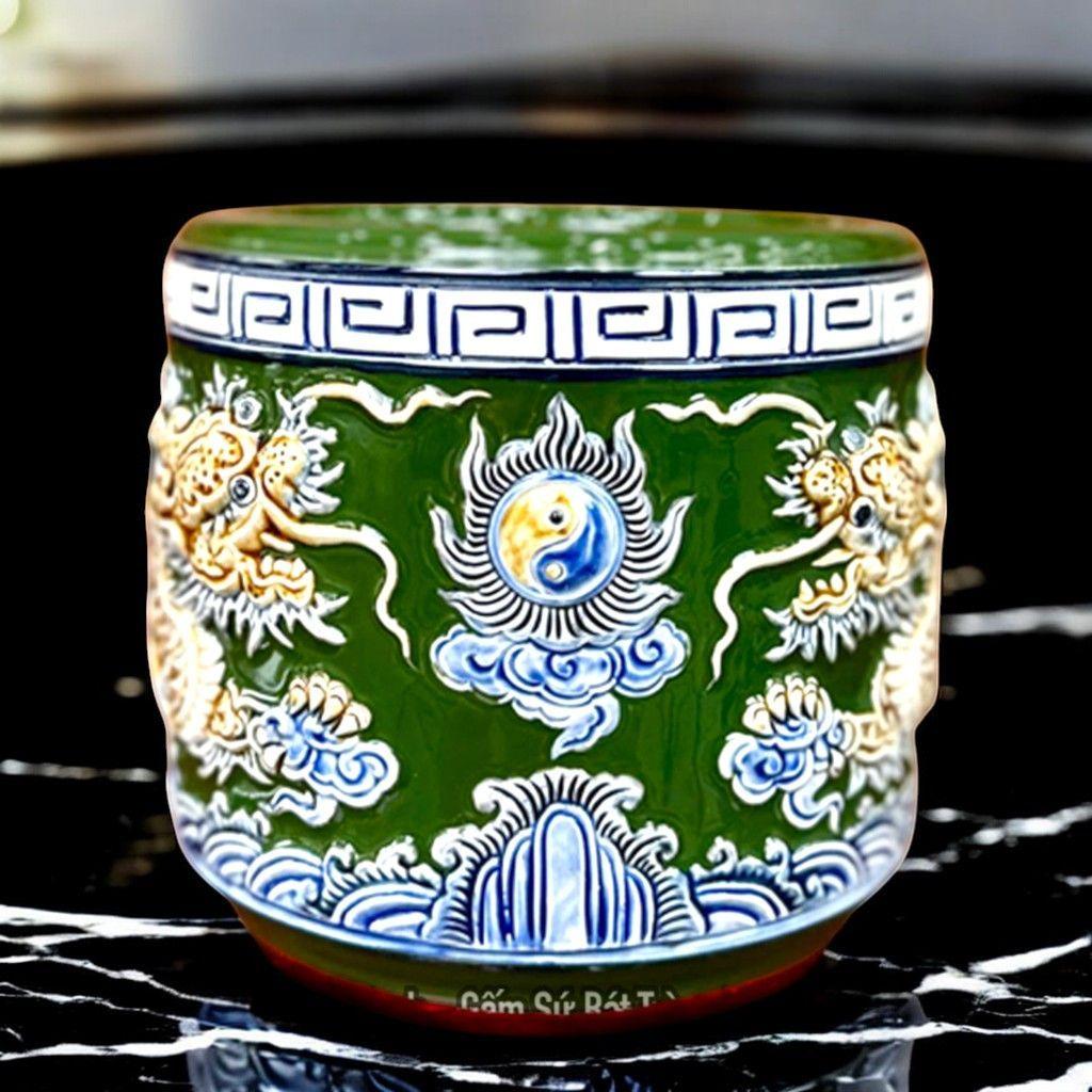 Bát Hương Gốm Sứ Bát Tràng Men Xanh RỒNG VIỆT Cao Cấp - Bát Nhang Thờ Gia Tiên, Thần Tài