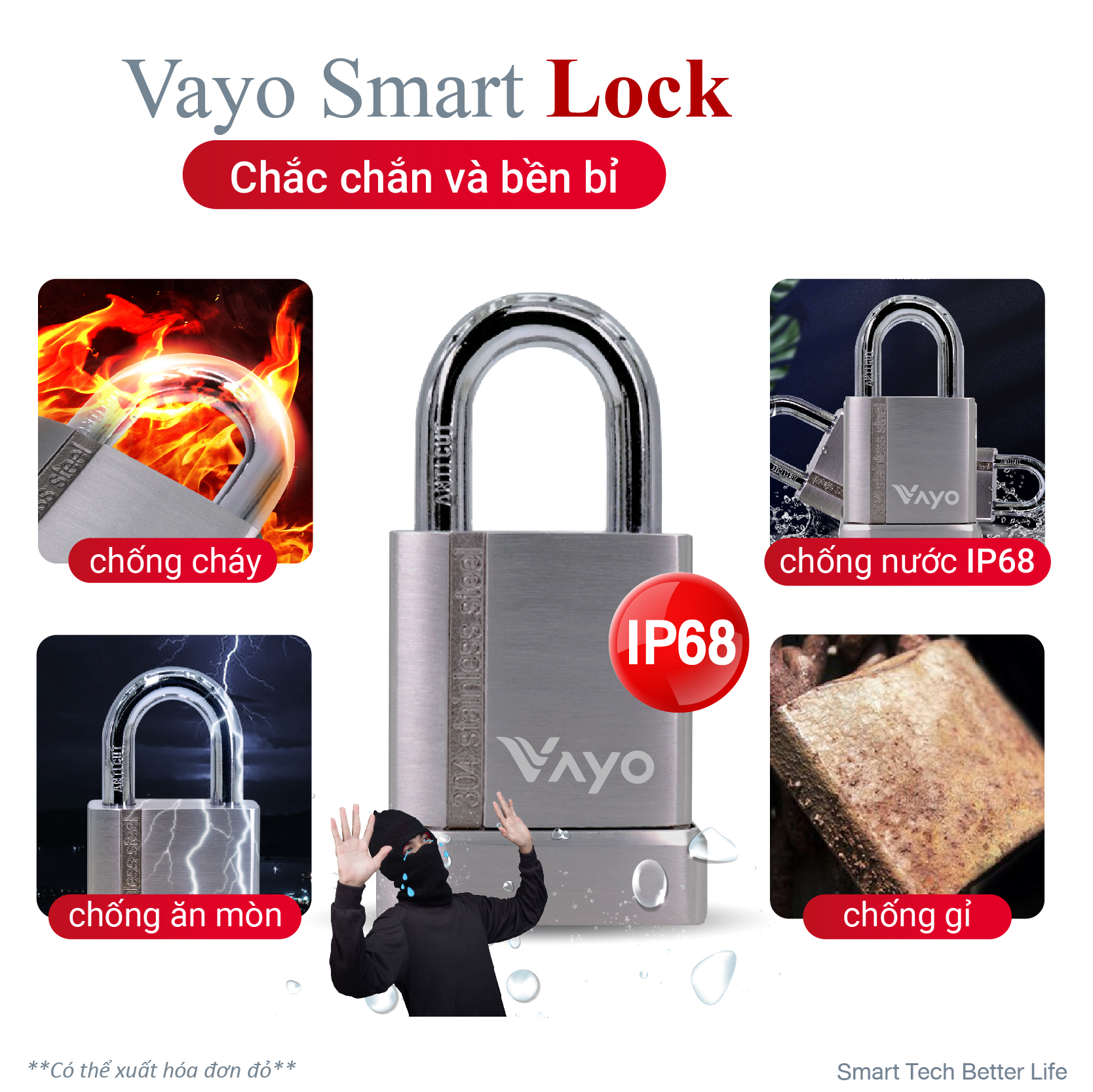 Khóa vân tay chống trộm thông minh Vayo Smart Lock - Thép SUS 304 siêu bền chắc, điều khiển qua ứng dụng