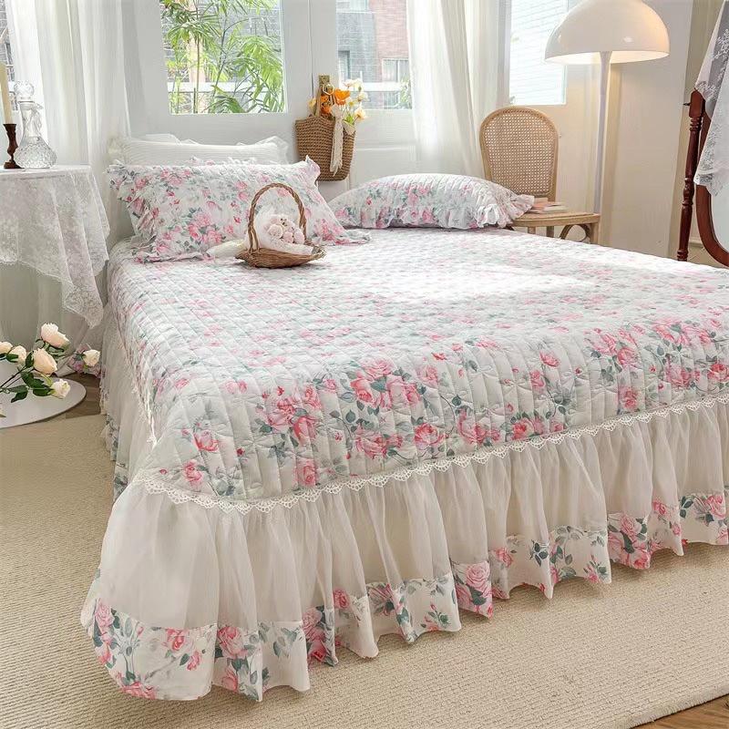 Chăn Ga Gối Cotton Đũi Viền Bèo - Xanh Biển Viền Trắng