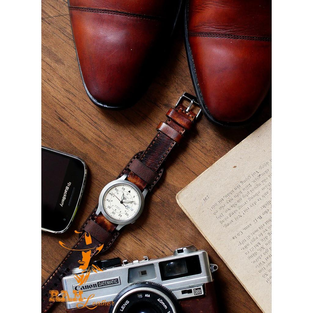 Hình ảnh Combo dây đồng hồ da bò thảo mộc mahogany kiểu quân đội RAM Leather B2 1970 - tặng khóa chốt và cây thay dây