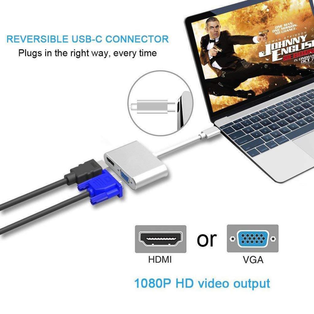 2 In 1 USB Type-C To HDMI 4K VGA Adapter For MacBook Projector HDTV Silver