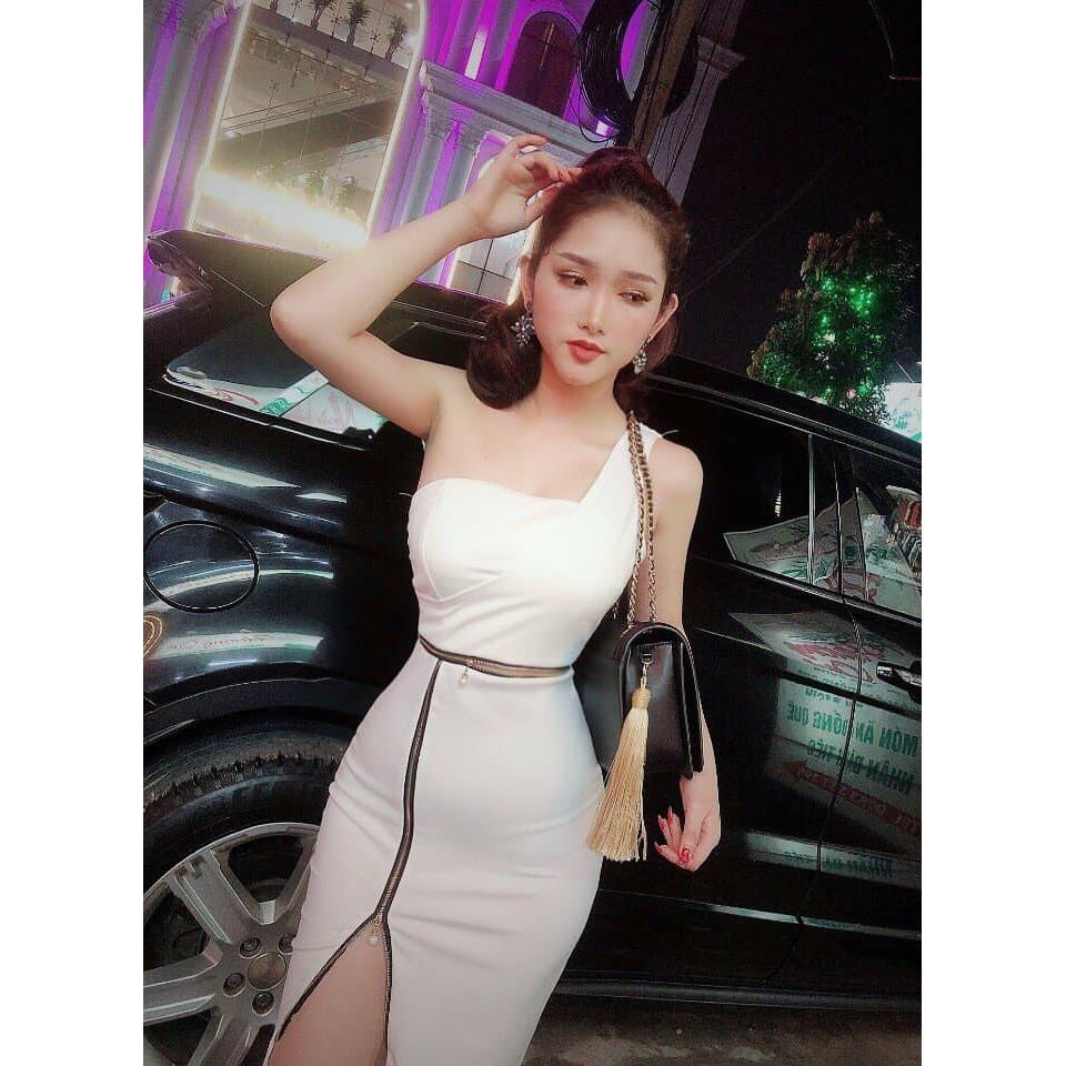Đầm body lệch vai phối dây kéo