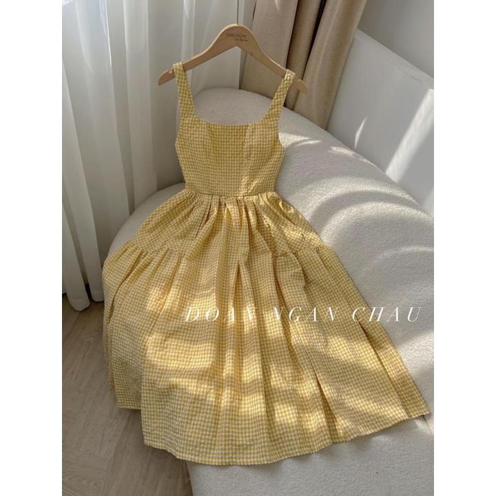 Đầm 2 dây to dáng dài tiểu thư, váy bầu bí đi biển tầng xoè vải kẻ xốp siêu xinh đẹp