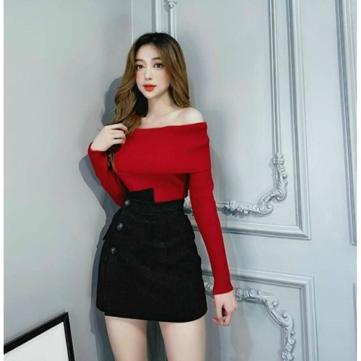 Sét Áo Trễ Vai Chất Tăm Siêu Mịn Áo Tay Dài Phối Váy For Cài Nút Thật Thời Trang Nữ Phù Hợp Mọi Phong Cách