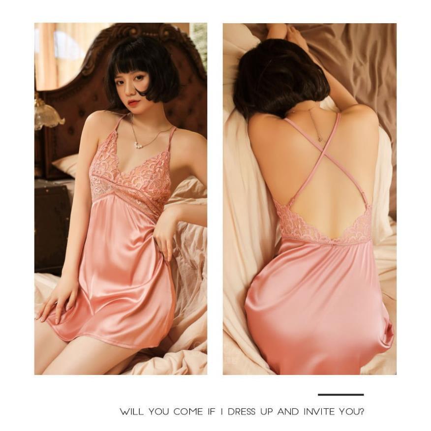 Váy Ngủ Lụa Sexy Ren Ngực Hở Lưng Cao Cấp S38