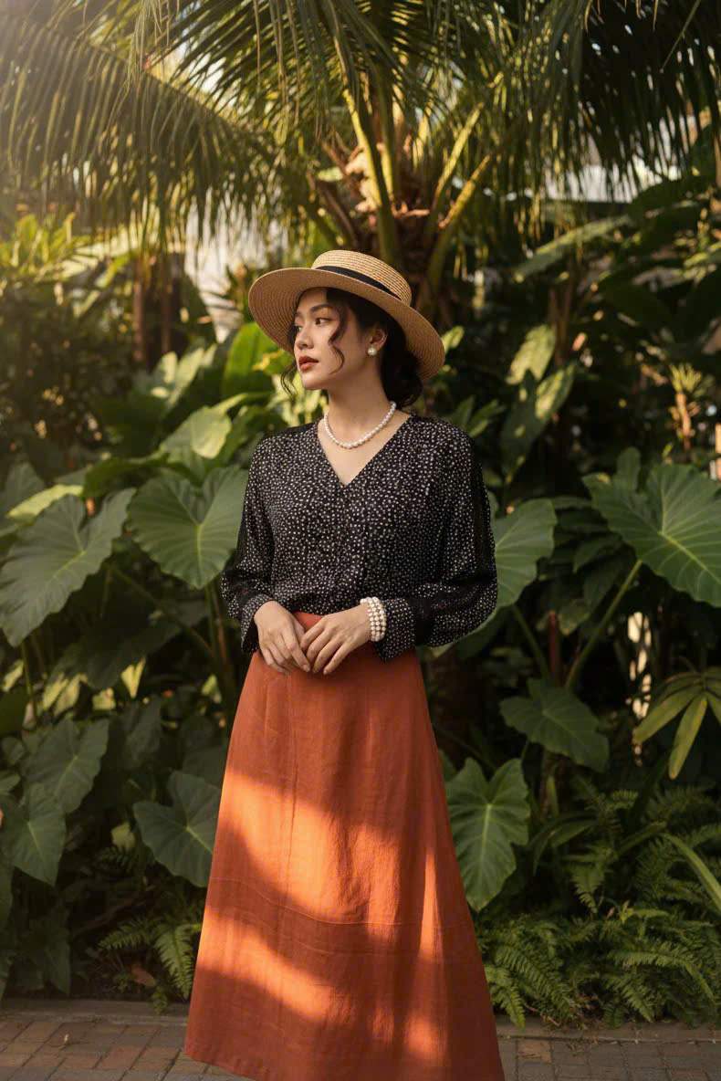 Váy Midi Linen, Váy Dài Linen Cam Gạch SKI055 thời trang thiết kế Hity