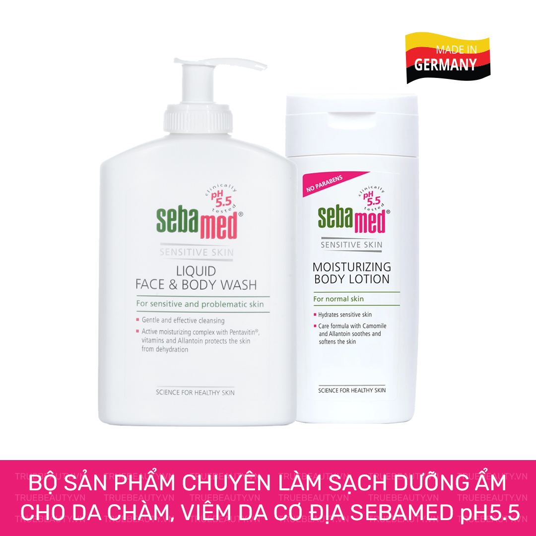 Bộ sp sebamed chuyên biệt làm sạch dưỡng ẩm cho da chàm, viêm da cơ địa sebamed pH5.5 TẶNG DUNG DICH VỆ SINH PHỤ NỮ SEBAMED pH3.8 (50ml)