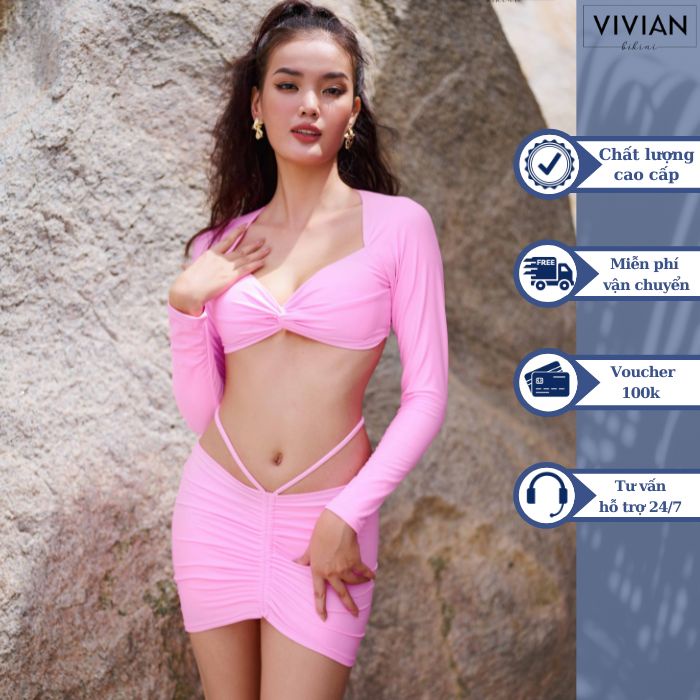 Đồ bơi nữ cao cấp dạng hai mảnh áo gọng tay dài, quần váy nhún phối dây cách điệu - màu Hồng - VS195_PK
