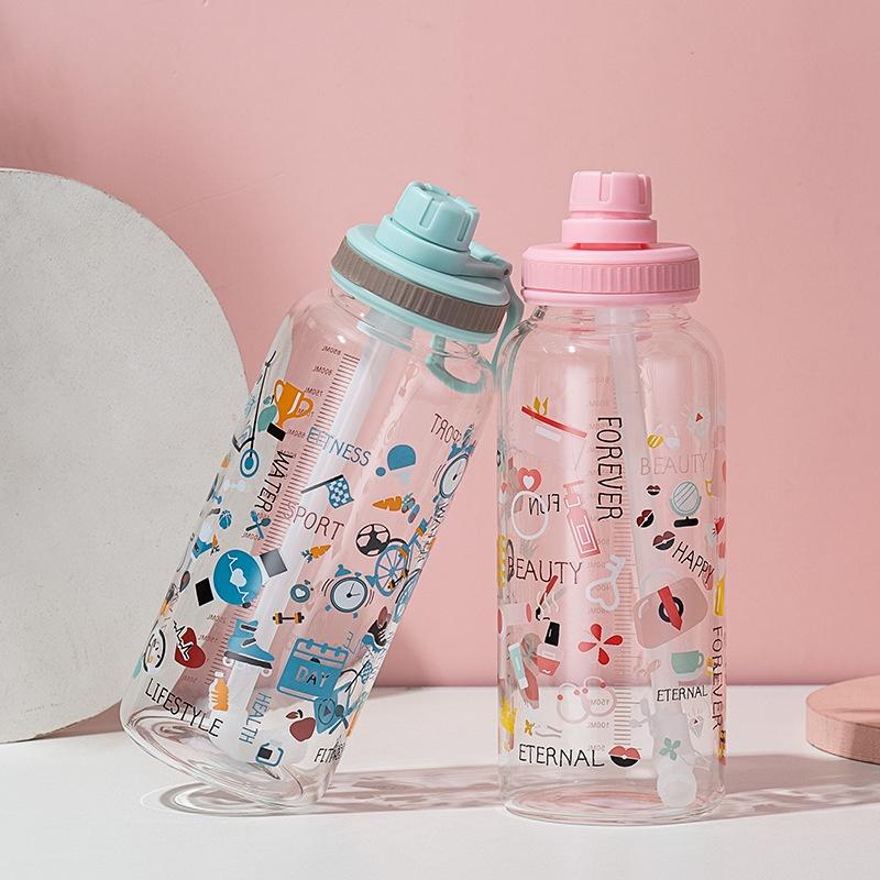 Bình Đựng Nước Thủy Tinh Hàn Quốc Cute Decor Nắp Vặn Có Ống Hút 450 ml - HUMI