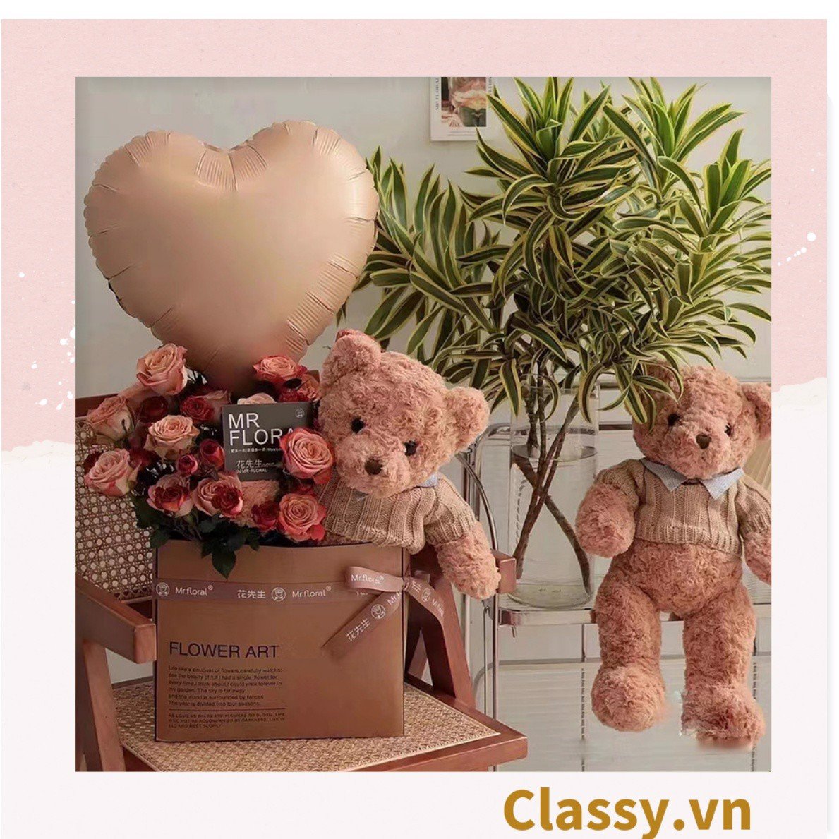Túi giấy quai xách 30 X 25 X 13 cm đựng hoa trang trí in chữ Flower Art màu Nâu kraft vintage Q1727