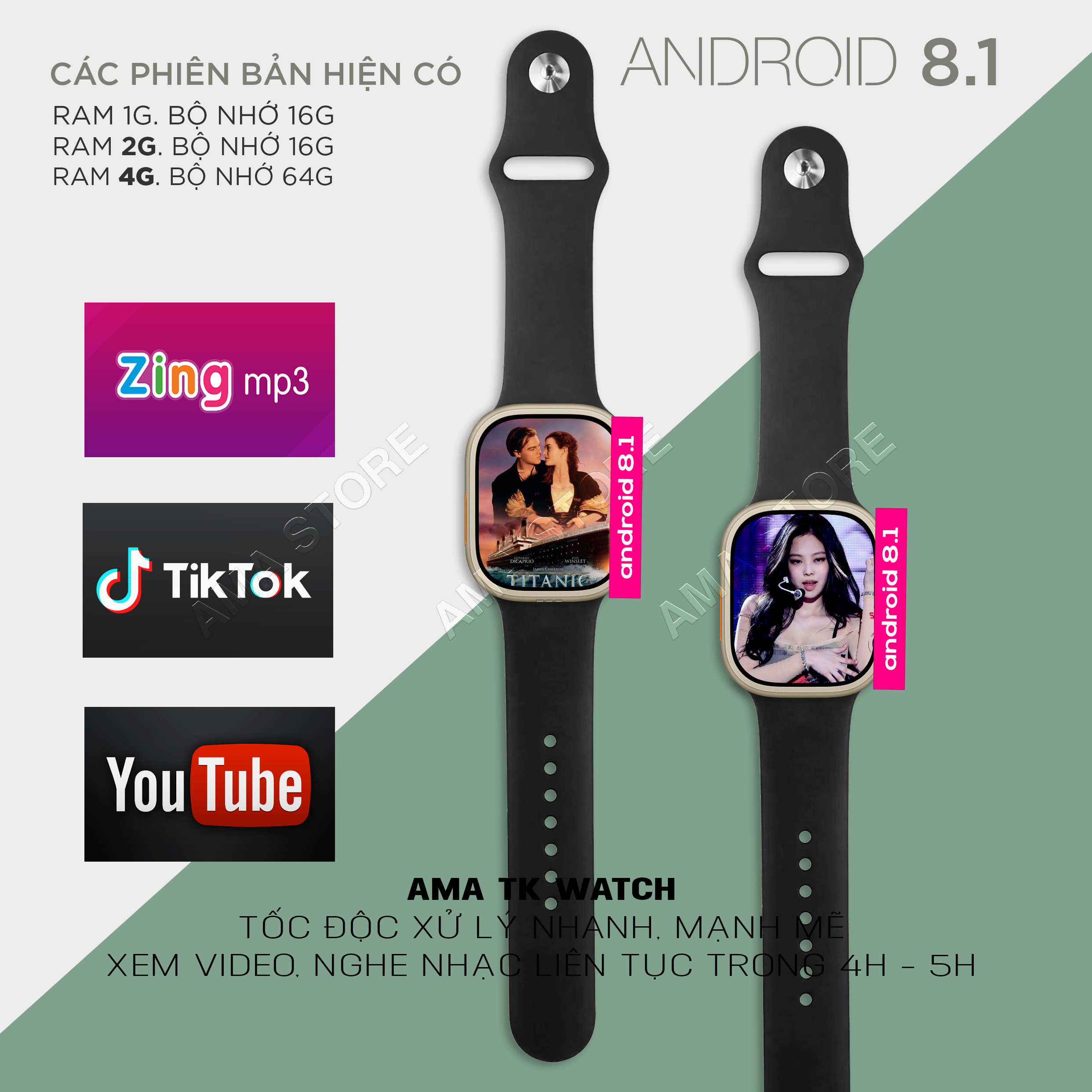 Đồng hồ Thông minh AMA Smart watch TK Titan Android 8.1 Lắp Sim Định vị GPS Google kết nối Wifi 4G Blueltooth tải App qua CH. play FB Messenger Skype Viber Wechat Line Tele xem được Video Youtube TikTok  chơi Game cho Trẻ em Người lớn Hàng nhập khẩu