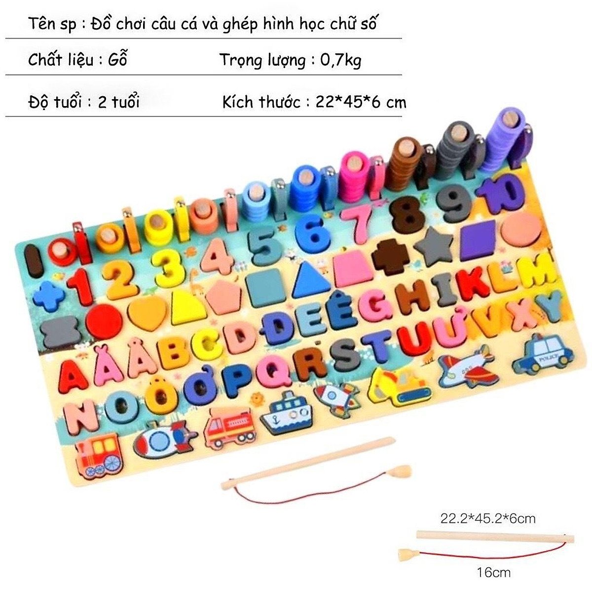 Bộ Đồ Chơi Gỗ 6 In 1 Giúp Bé Học Chữ Cái, Số Đếm, Ghép Hình Đồ Chơi Phương Tiền Giao Thông Kèm Thả Vòng Câu Cá Cho Bé - Hàng Loại 1