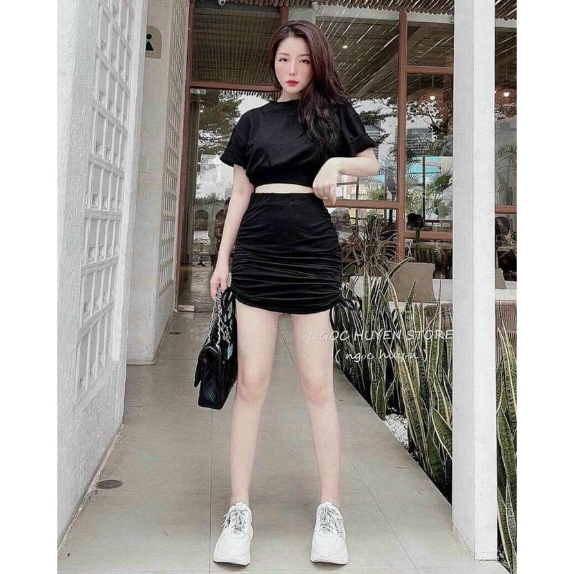 Set áo cổ tròn mix chân váy rút dây cực hot thời trang siêu xinh