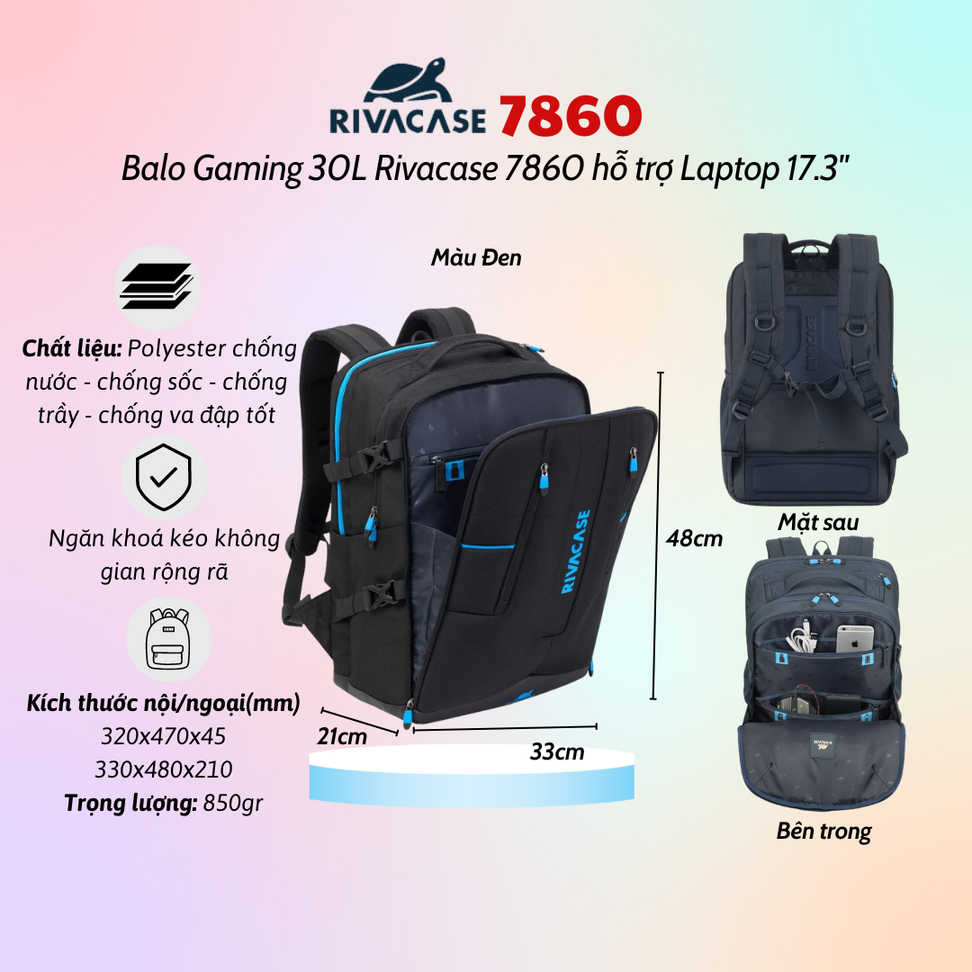 Balo Gaming 30L Rivacase 7860 Hỗ Trợ Laptop 17.3&quot; - Bảo Hành 24 Tháng - Hàng Chính Hãng