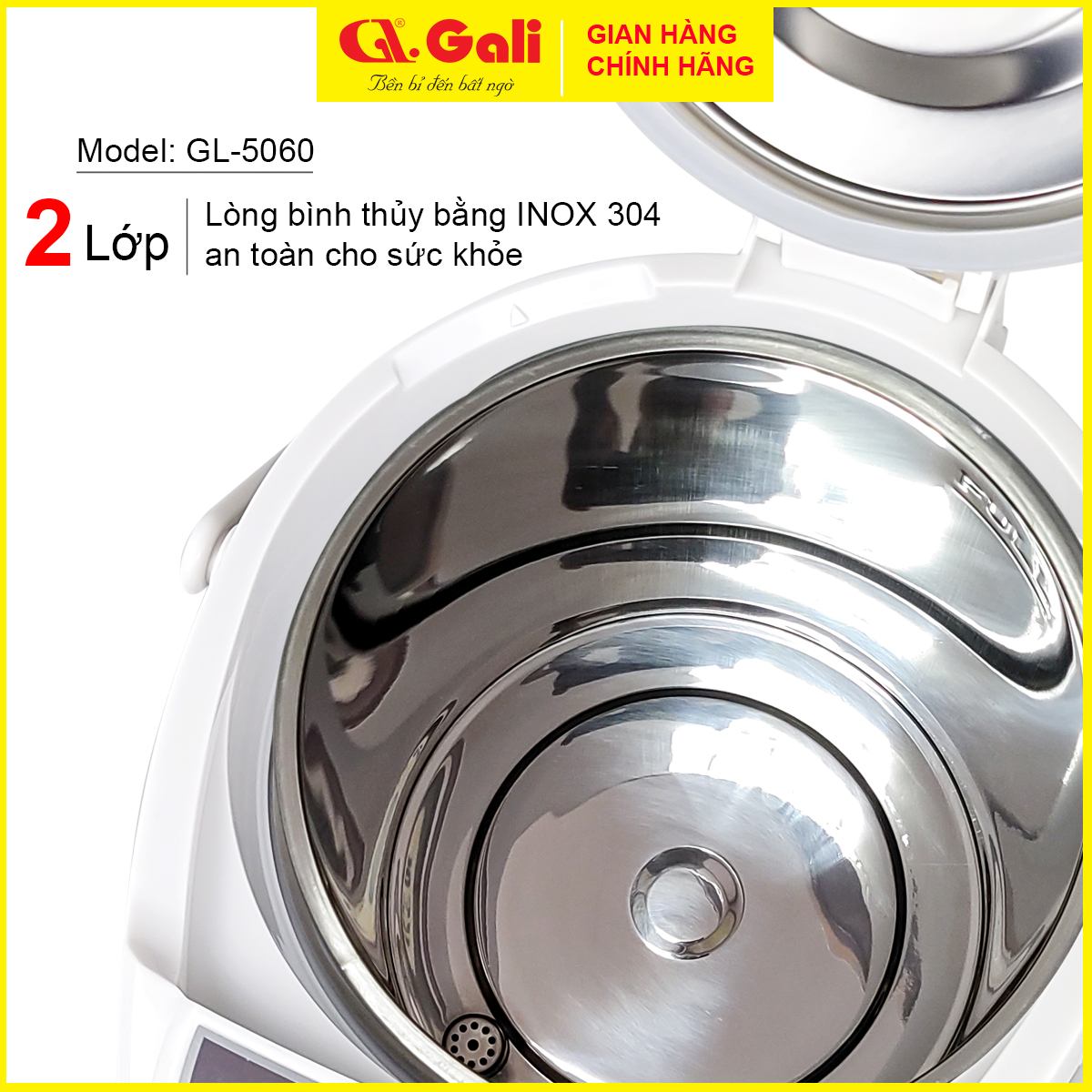 Bình thủy điện Gali, GL-5060 bình đun dung tích 6 lít, phích cấu tạo 2 lớp ngoài bằng thiết, ruột inox 304, hàng chính hãng 100%, bảo hành 24 tháng Gali