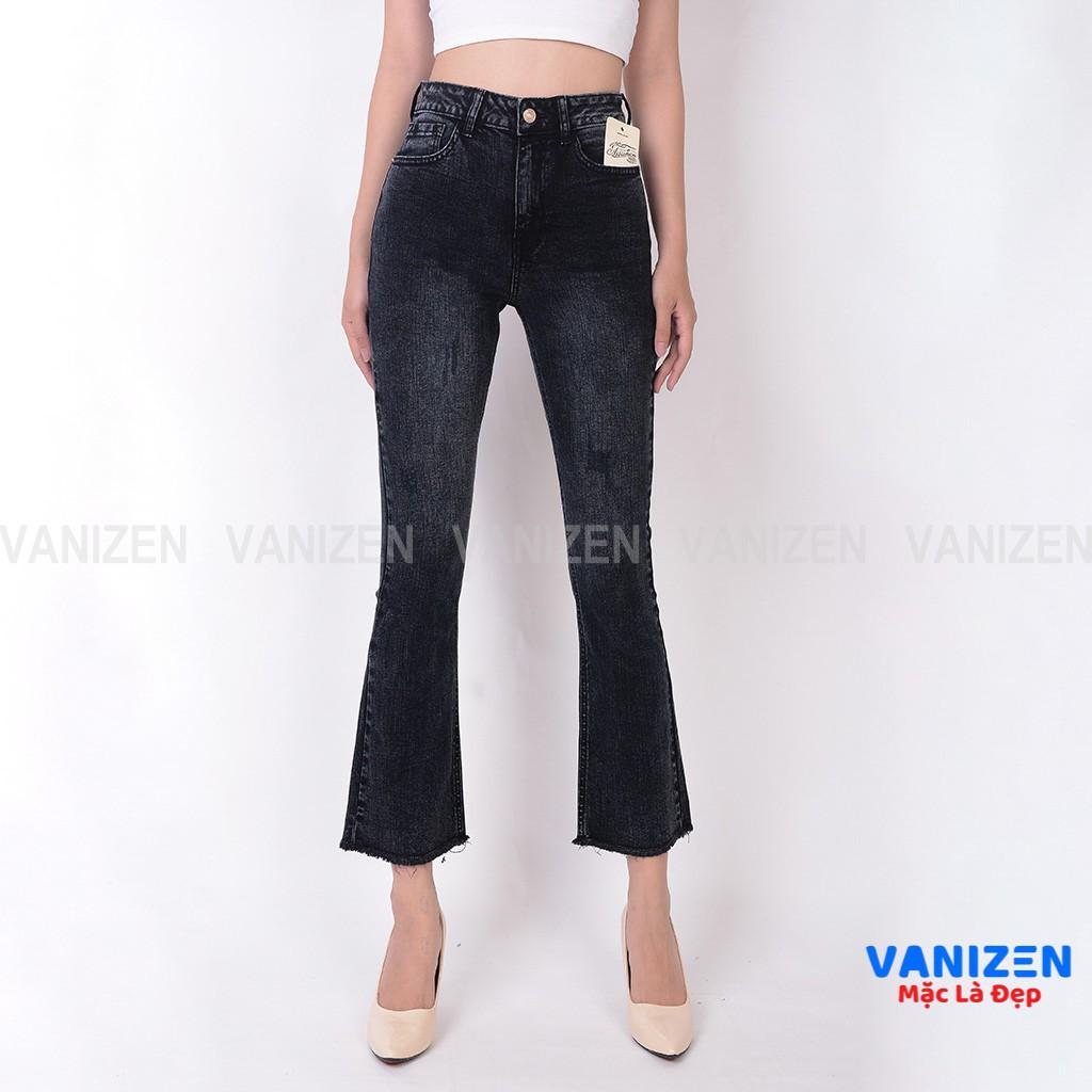 Quần jean nữ ống loe đẹp lưng cao cạp cao xước nhẹ xám khói hàng hiệu cao cấp mã 451 VANIZEN
