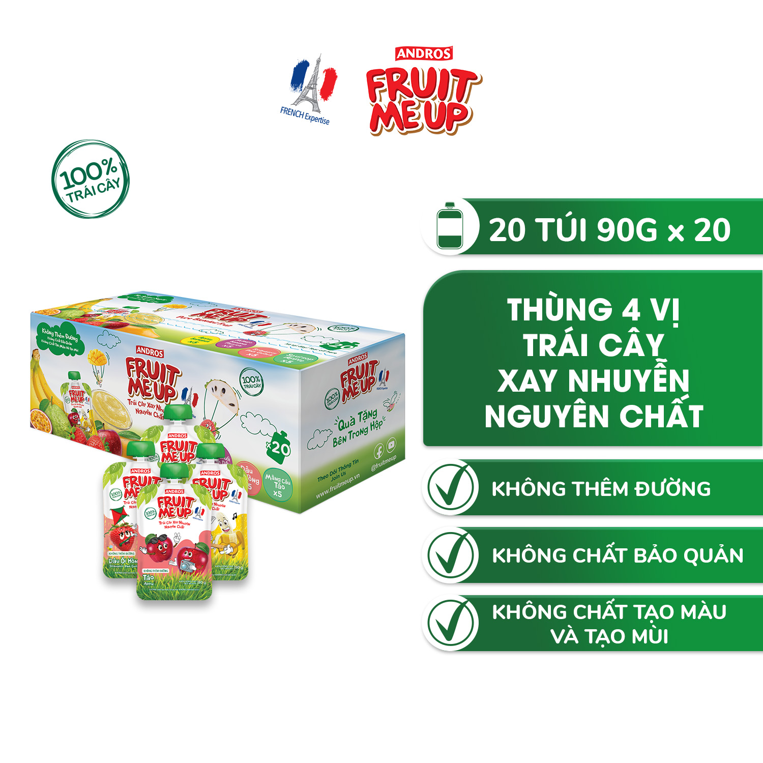 Trái Cây Xay Nhuyễn Nguyên Chất Andros Fruit Me Up - Hỗn hợp 4 vị - Hộp 20 túi - 90g x 4 x 5