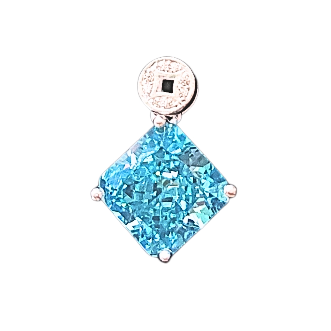 Mặt dây chuyền xoàn Nam Phi xanh biển aqua vuông size 10 li khoen kim tiền bạc nguyên chất