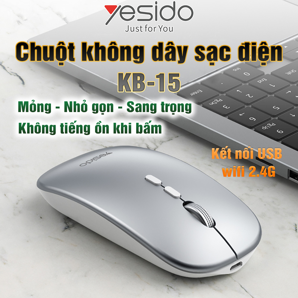 Chuột không dây Sạc điện KB-15 Thiết kế nhỏ gọn Sang trọng Không gây tiếng ồn Hàng chính hãng