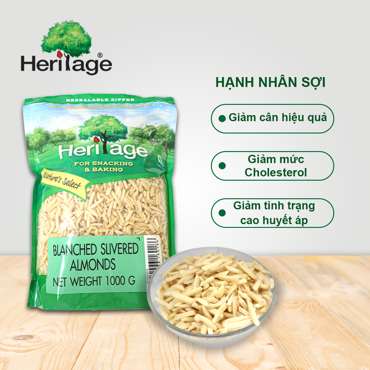 1000gram Hạnh nhân không vỏ lụa thái sợi Heritage