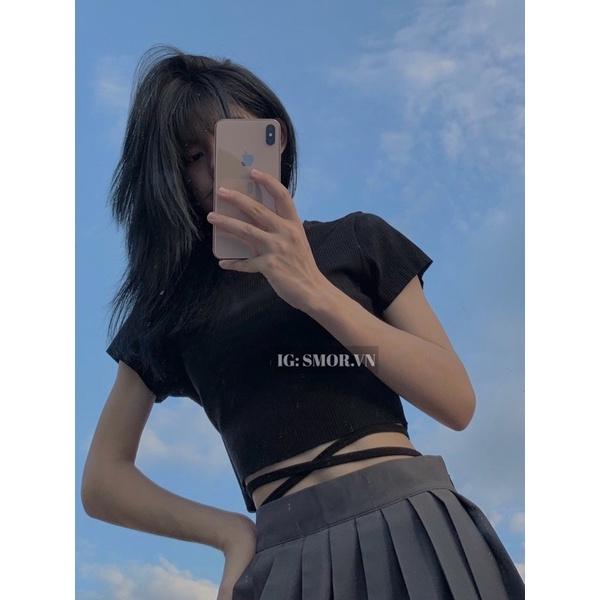 Áo croptop tay ngắn, đan dây eo
