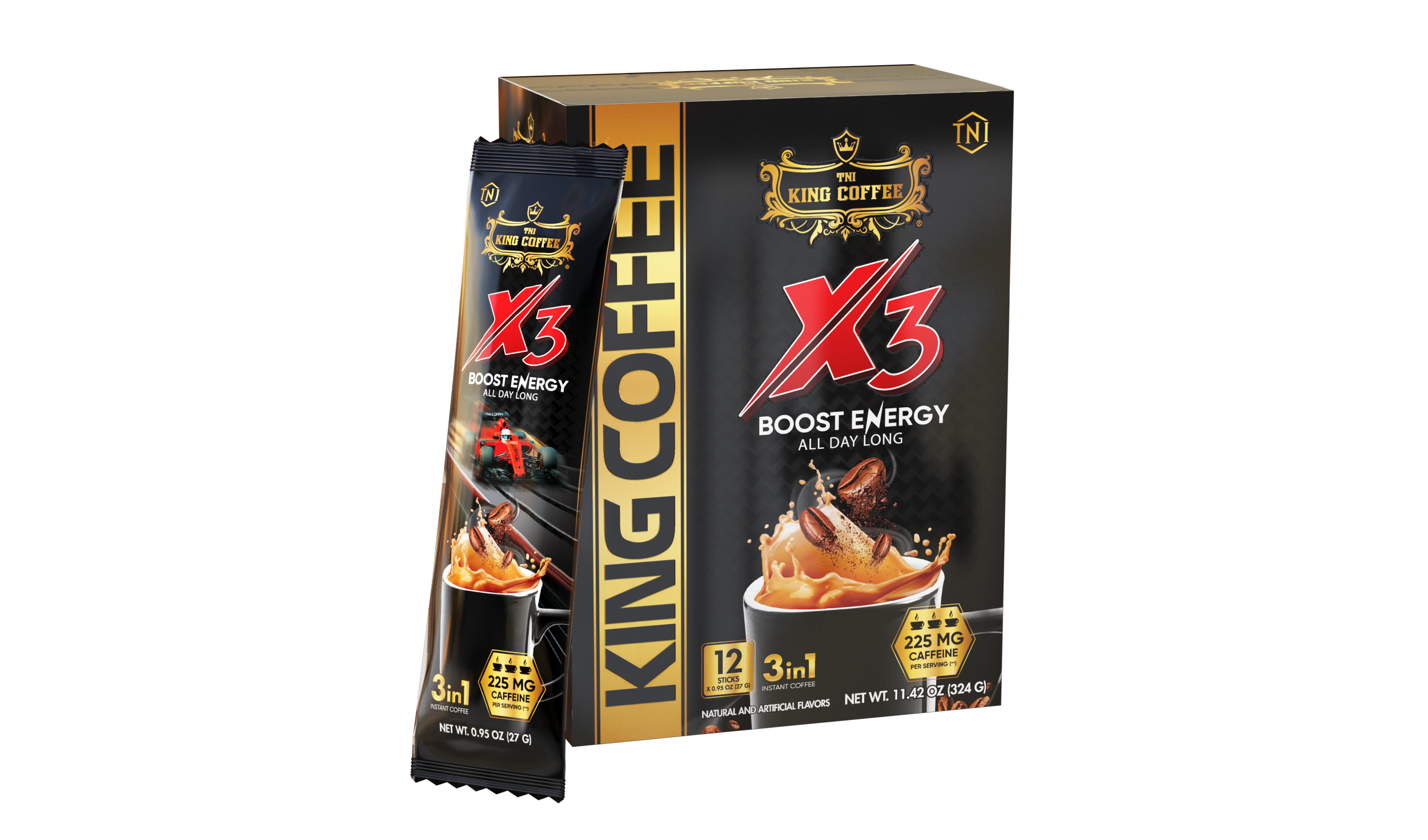 King Coffee Cà Phê Hòa Tan 3 in 1 X3 - Hộp 324g ( 12 gói x 27g) - Hàm lượng caffeine gấp 3 lần thông thường