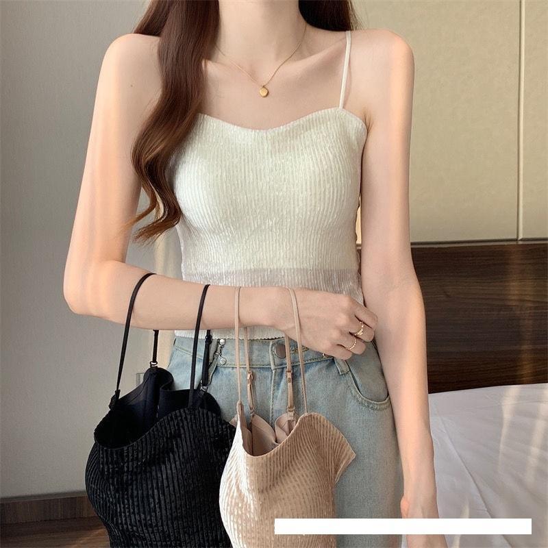 Áo Bra 2 dây NHUNG TĂM LẤP LÁNH, áo dáng lửng có đệmngực, quai có thể điều chỉnh có nhiều màu để chọn lựa, Nữ Women Top Cotton