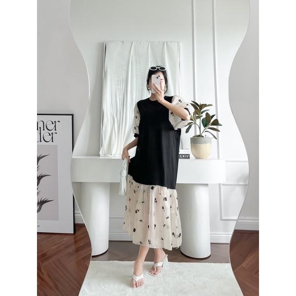 Đầm thun phối voan , form rộng thoải mái
