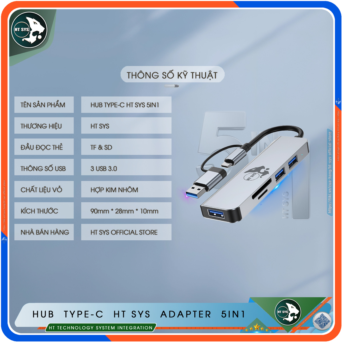Hub Type C Và Hub USB HT SYS 5 in 1 To USB 3.0, SD, TF - Hàng Chính Hãng