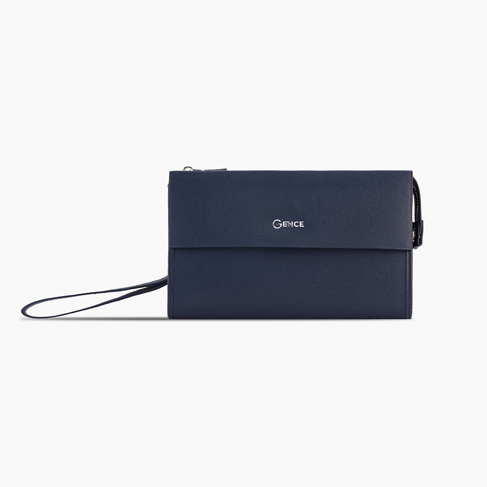 Ví Da Cầm Tay Clutch Nam Công Sở GENCE HT07 Da Bò Cao Cấp Màu Xanh Navy