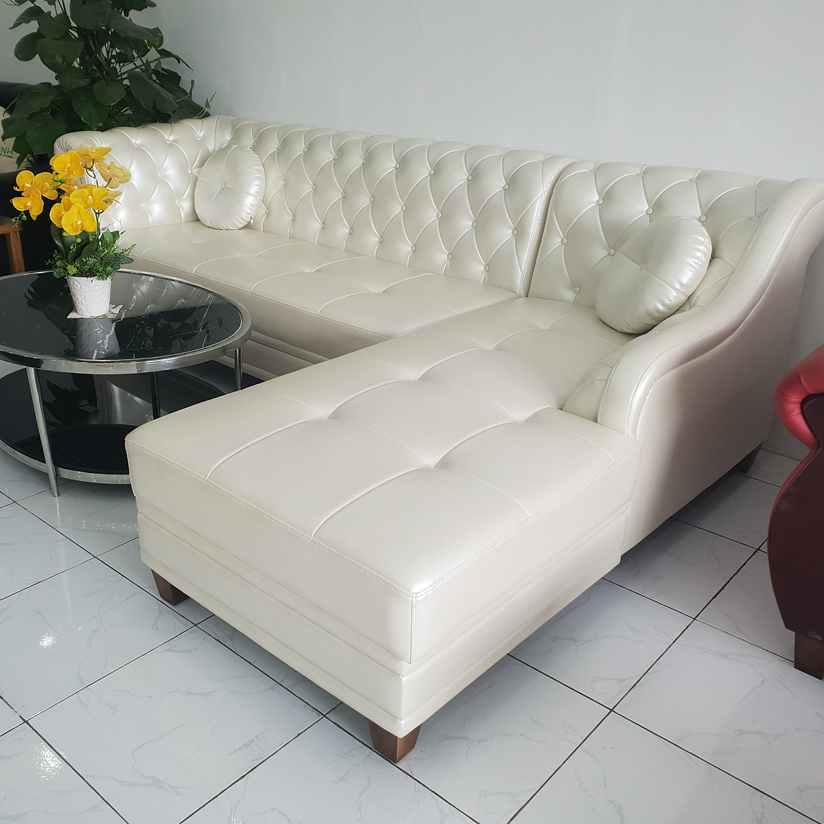 Sofa da góc L tân cổ điển Tundo 2m7 x 1m7 màu kem có thể chọn màu