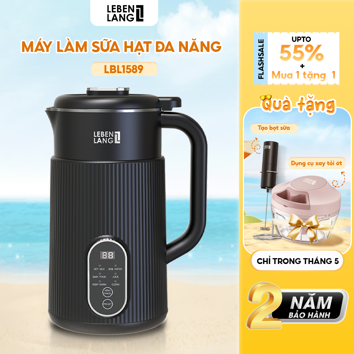 Máy làm sữa hạt đa năng Lebenlang LBL1589, làm sữa hạt nhanh trong 25 phút, công suất 600W, dung tích 1000ml, bảo hành 2 năm - hàng chính hãng