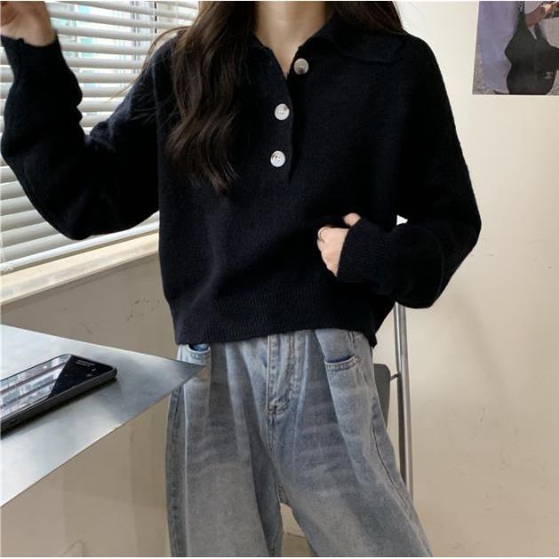 Áo len nữ dài tay form rộng cổ bẻ polo phong cách Hàn Quốc hàng Quảng Châu loại 1 D-3