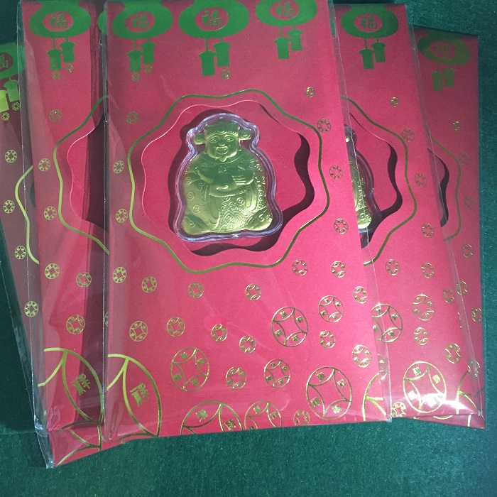 Bao Lì Xì Thần Tài, Mạ Vàng 18K, KÈM VÒNG TAY THỂ THAO LUMINOUS mẫu Luxi green 0098