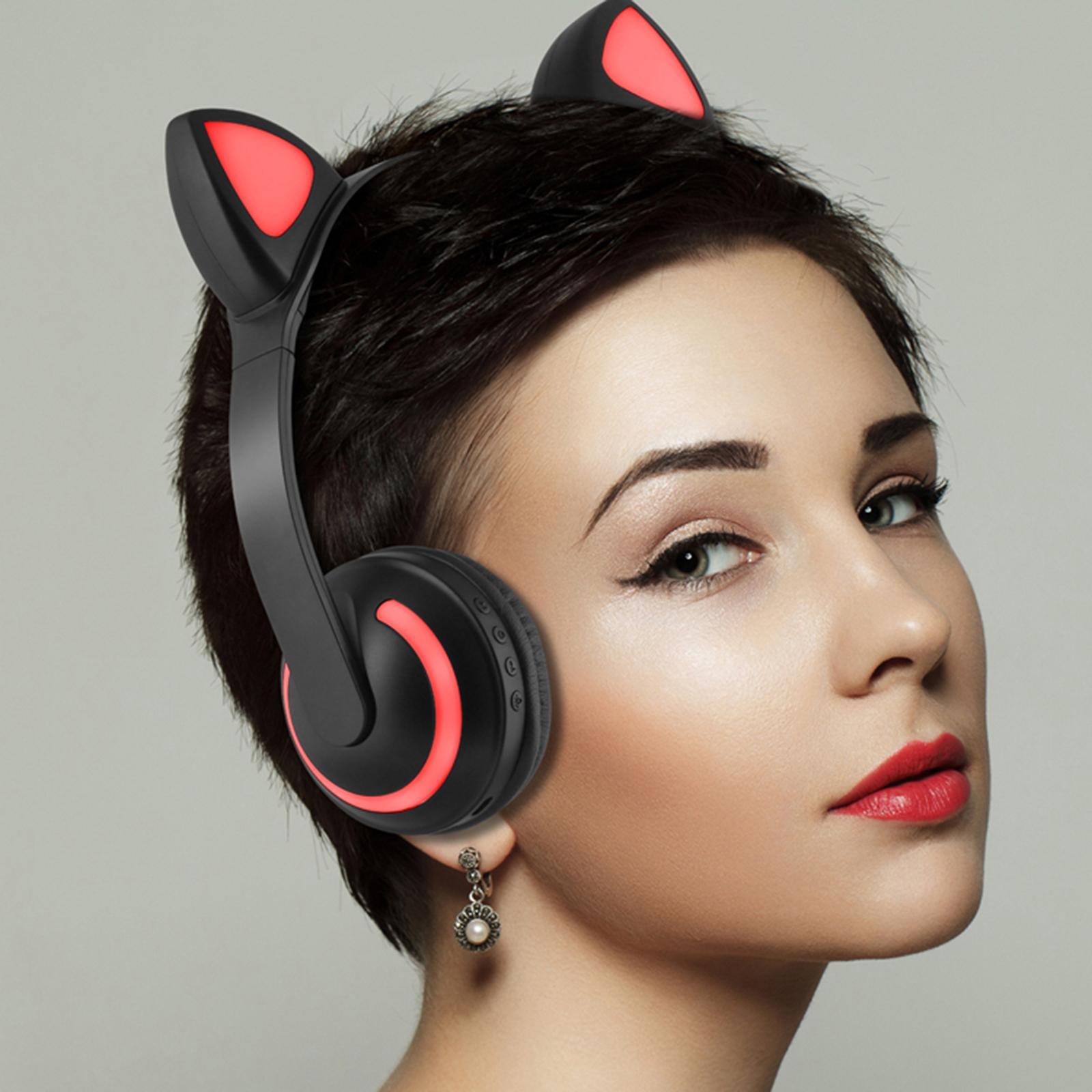 Kids Glowing Cute Cat Ear Wireless Headphones On-Ear Gamer Headsets Black