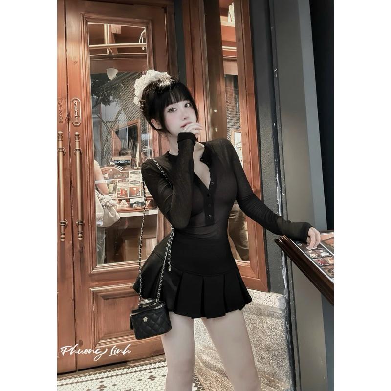 Set áo thun giấy dài tay khuy ngực chân váy ngắn xoè BY JOLIE - Ghi, Ghi