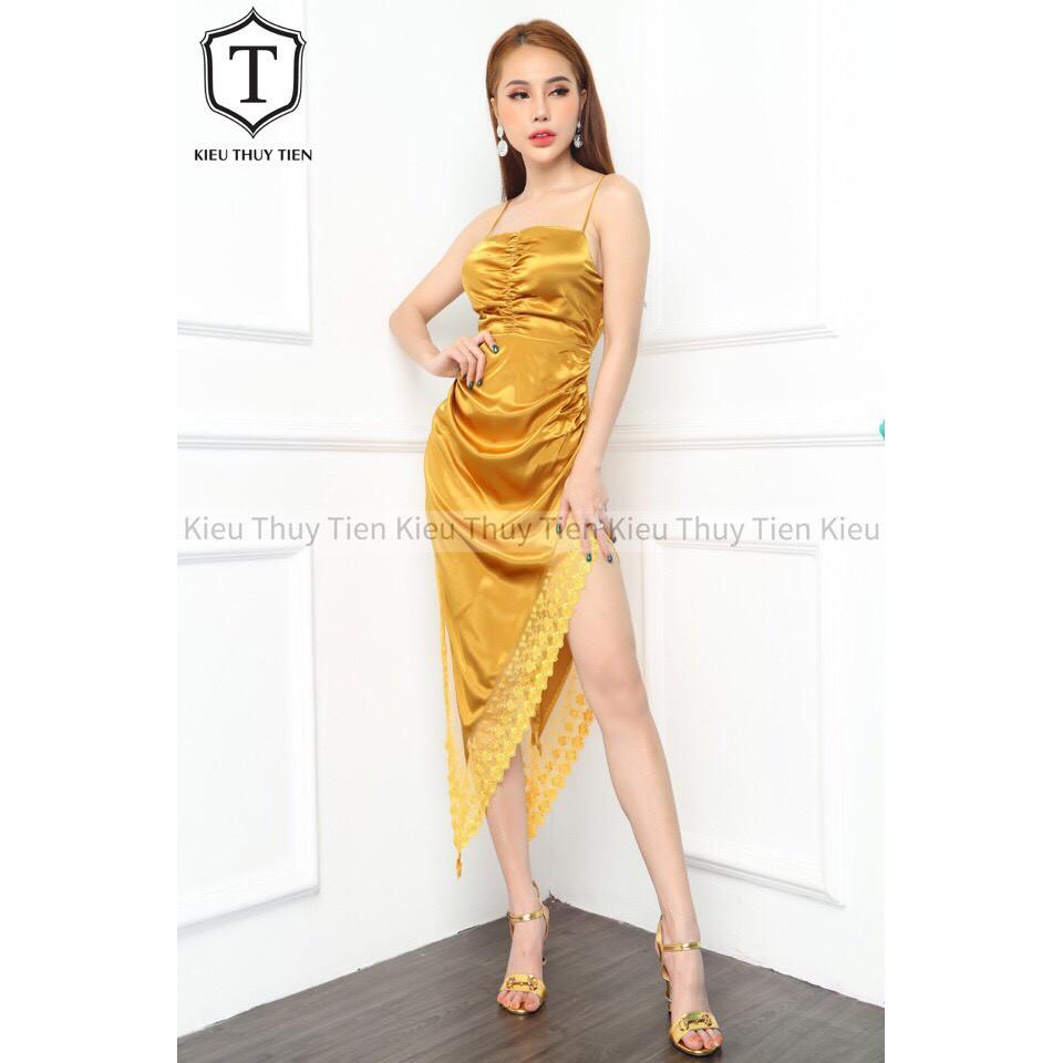 Đầm 2 dây phi lụa xẻ tà phối ren cực sexxy