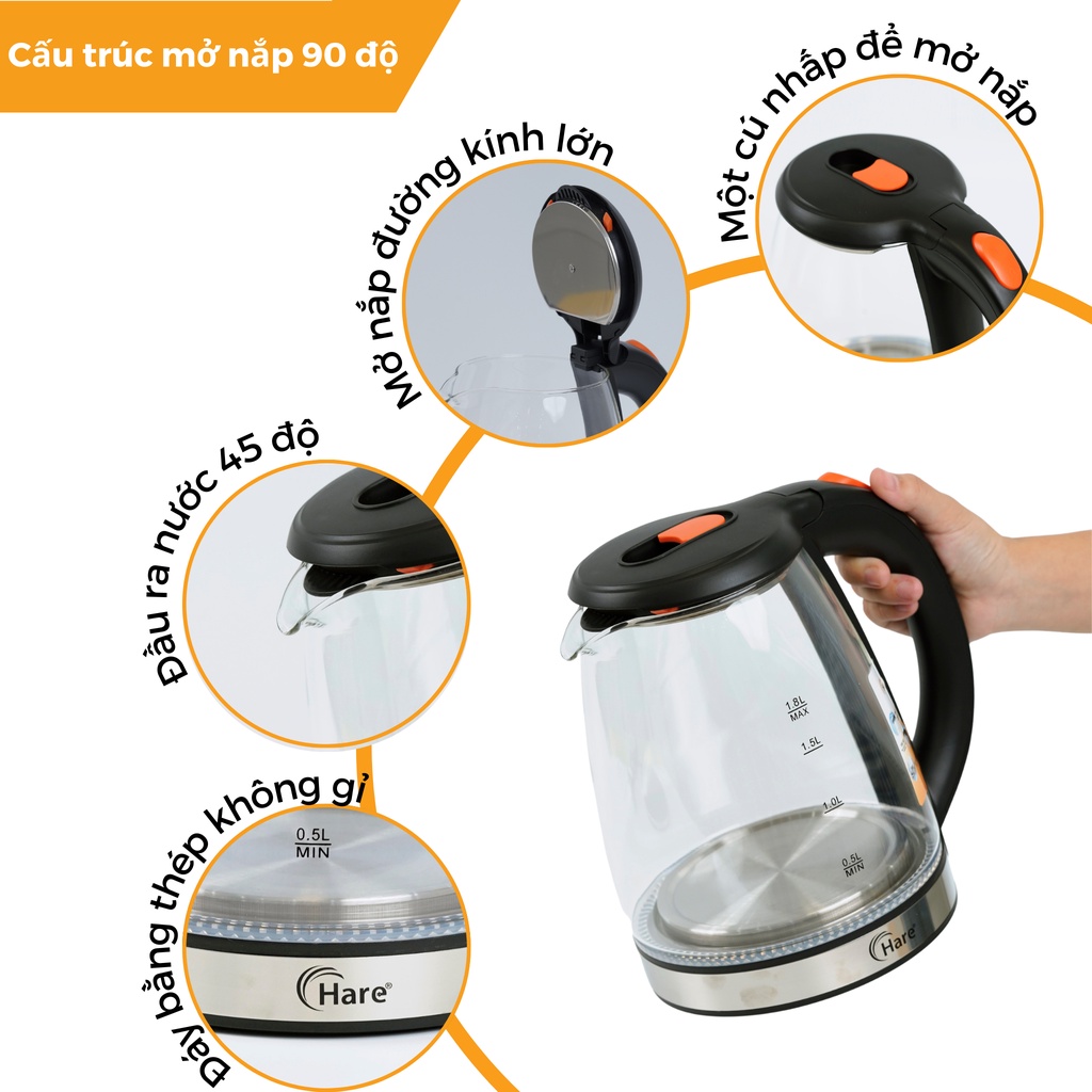 Ấm đun siêu tốc HR-KE1806 (1.8L) đun sôi nhanh trong 5 phút -hàng chính hãng thương hiệu Hare - bảo hành 12 tháng